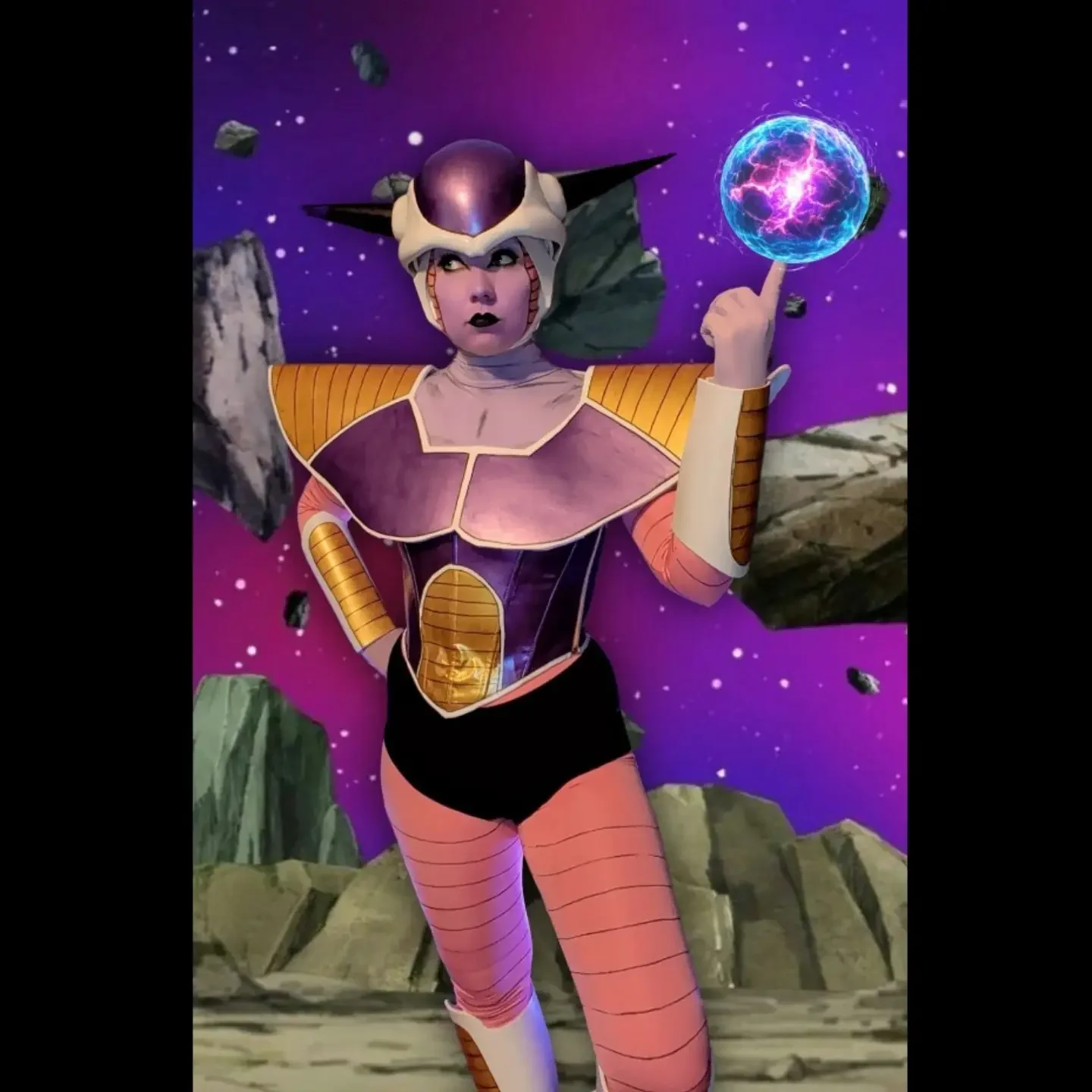 Mariah’s finished Frieza self-shoot with purple and gold armour and an edited energy sphere above her finger